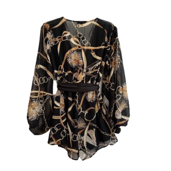 Fashion Nova Romper Skylar Black Gold Chain Tassel Balloon Long Sleeve Small NEW - Picture 5 of 12